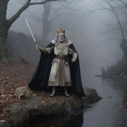 In fog-ridden darkness, a regal king donning a crown and cape wields a sword. A diminutive mouse circumnavigates the scene. A bleached skeleton lies against a cold stone wall, while an enigmatic river flows silently in the background.