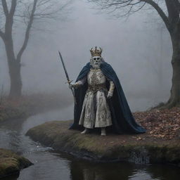 In fog-ridden darkness, a regal king donning a crown and cape wields a sword. A diminutive mouse circumnavigates the scene. A bleached skeleton lies against a cold stone wall, while an enigmatic river flows silently in the background.