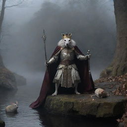 In fog-ridden darkness, a regal king donning a crown and cape wields a sword. A diminutive mouse circumnavigates the scene. A bleached skeleton lies against a cold stone wall, while an enigmatic river flows silently in the background.