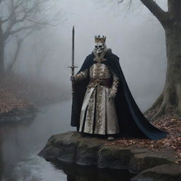 In fog-ridden darkness, a regal king donning a crown and cape wields a sword. A diminutive mouse circumnavigates the scene. A bleached skeleton lies against a cold stone wall, while an enigmatic river flows silently in the background.