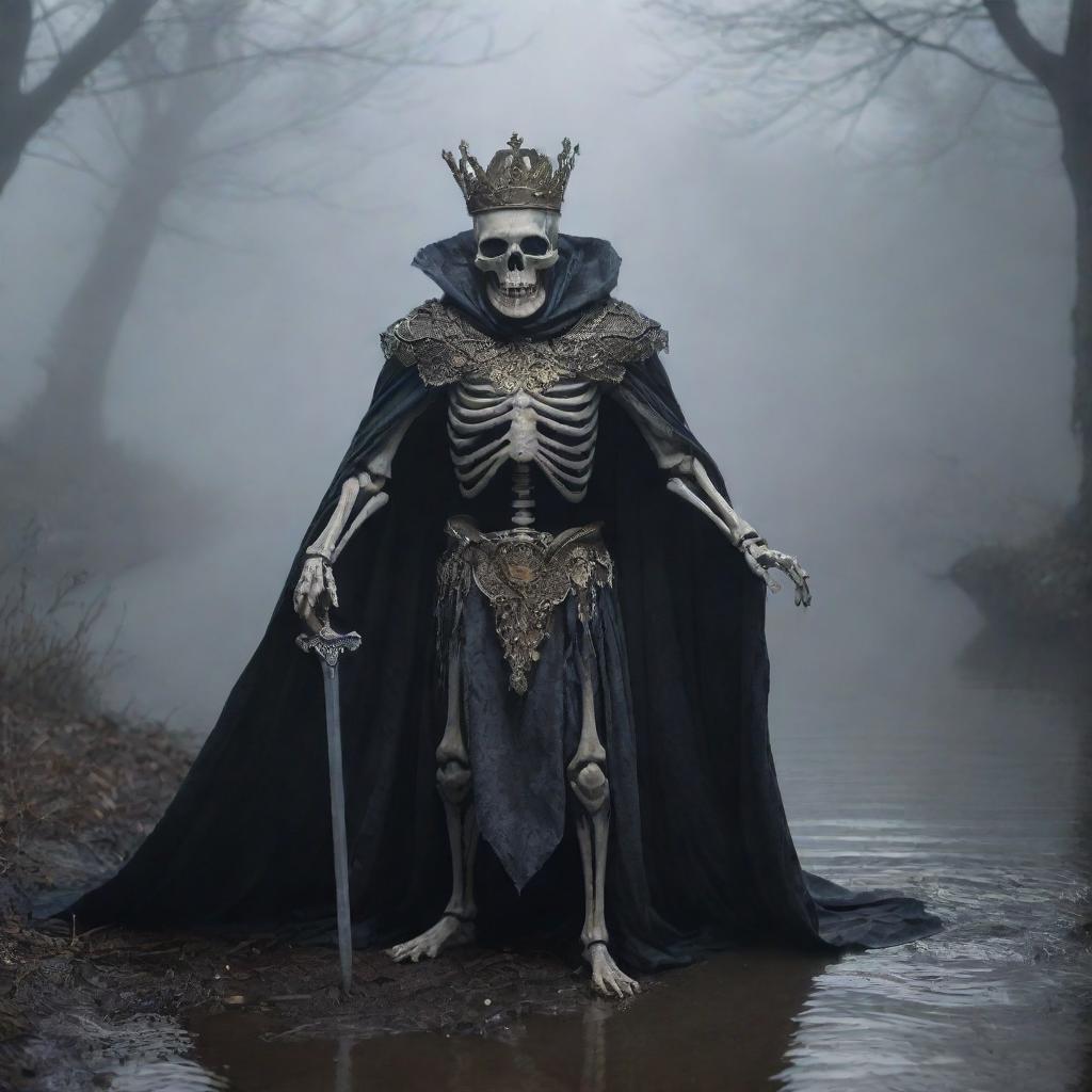 A skeleton king, draped in a billowing cape, holds a sword confidently and wears an ornate crown in the eerie foggy darkness. A dutiful mouse scuttles on the mysterious ground. A tranquil river is softly present in the background.