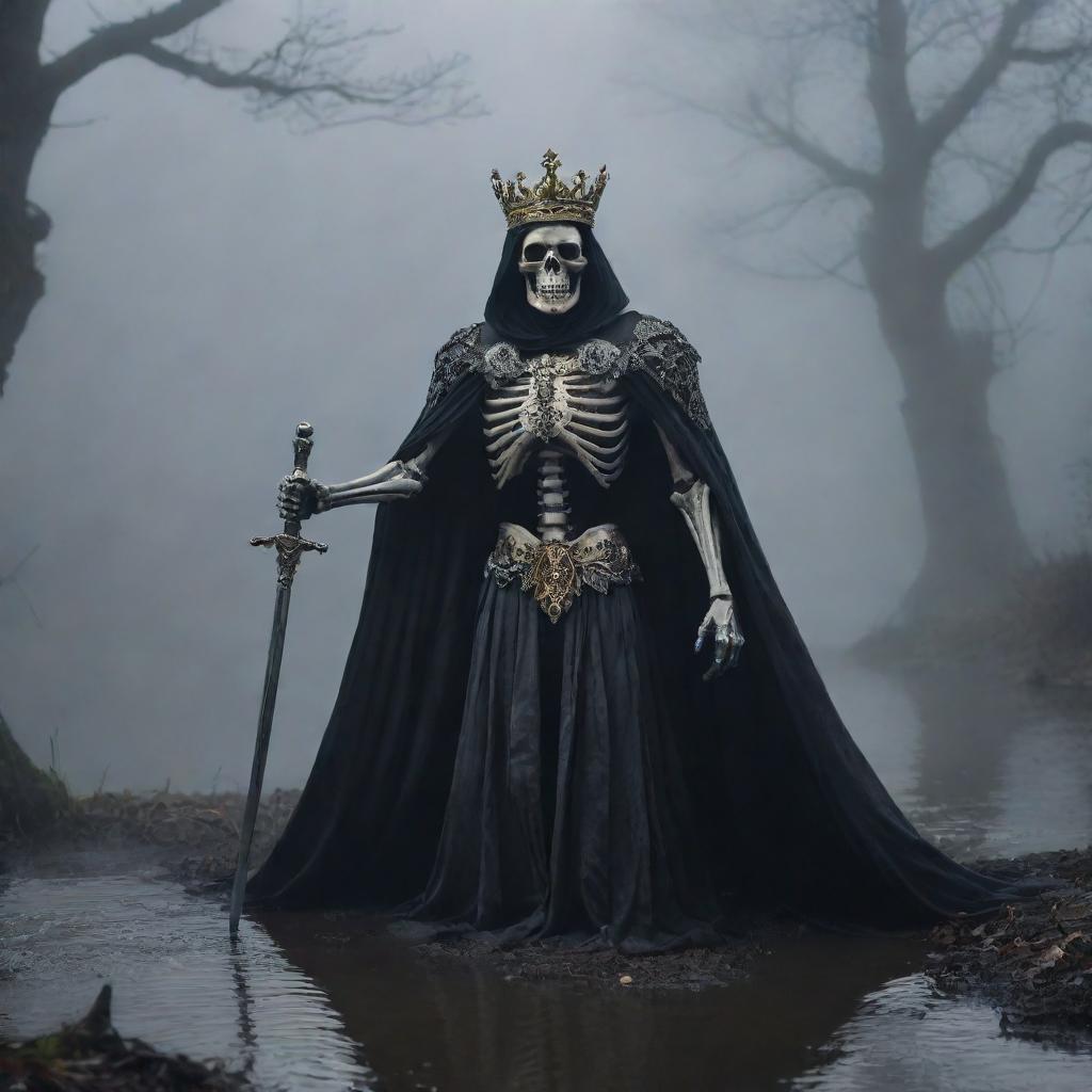 A skeleton king, draped in a billowing cape, holds a sword confidently and wears an ornate crown in the eerie foggy darkness. A dutiful mouse scuttles on the mysterious ground. A tranquil river is softly present in the background.