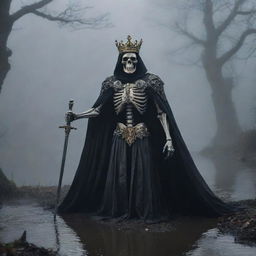 A skeleton king, draped in a billowing cape, holds a sword confidently and wears an ornate crown in the eerie foggy darkness. A dutiful mouse scuttles on the mysterious ground. A tranquil river is softly present in the background.