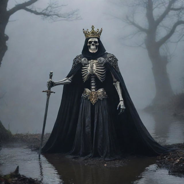 A skeleton king, draped in a billowing cape, holds a sword confidently and wears an ornate crown in the eerie foggy darkness. A dutiful mouse scuttles on the mysterious ground. A tranquil river is softly present in the background.