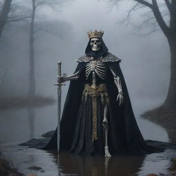 A skeleton king, draped in a billowing cape, holds a sword confidently and wears an ornate crown in the eerie foggy darkness. A dutiful mouse scuttles on the mysterious ground. A tranquil river is softly present in the background.