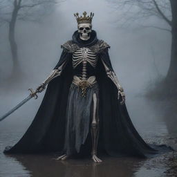 A skeleton king, draped in a billowing cape, holds a sword confidently and wears an ornate crown in the eerie foggy darkness. A dutiful mouse scuttles on the mysterious ground. A tranquil river is softly present in the background.