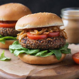 A succulent veggie burger with fresh lettuce, ripe tomatoes, crispy onions, and a tangy sauce, all nestled between two warm, toasted buns.