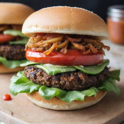 A succulent veggie burger with fresh lettuce, ripe tomatoes, crispy onions, and a tangy sauce, all nestled between two warm, toasted buns.