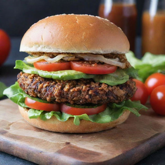 A succulent veggie burger with fresh lettuce, ripe tomatoes, crispy onions, and a tangy sauce, all nestled between two warm, toasted buns.