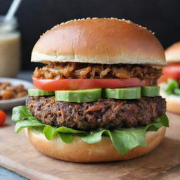 A succulent veggie burger with fresh lettuce, ripe tomatoes, crispy onions, and a tangy sauce, all nestled between two warm, toasted buns.