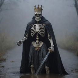 A formidable skeleton king in a cape, clutching a sword and donning a crown, stands in a foggy, rain-kissed darkness. Nearby, a brave mouse explores the unsettled ground. A melancholic river flows indistinctly in the engulfing dark tableau.