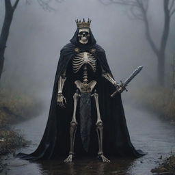 A formidable skeleton king in a cape, clutching a sword and donning a crown, stands in a foggy, rain-kissed darkness. Nearby, a brave mouse explores the unsettled ground. A melancholic river flows indistinctly in the engulfing dark tableau.