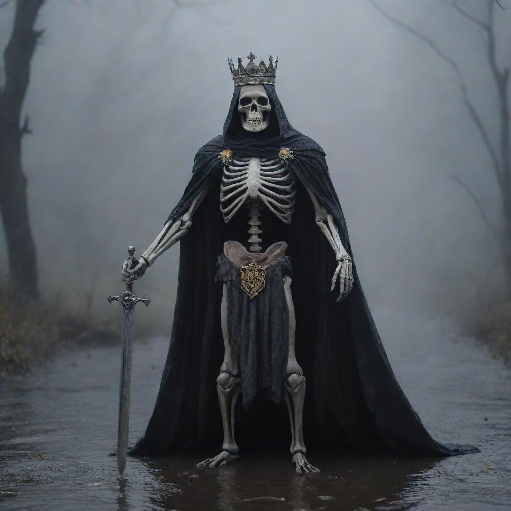 A formidable skeleton king in a cape, clutching a sword and donning a crown, stands in a foggy, rain-kissed darkness. Nearby, a brave mouse explores the unsettled ground. A melancholic river flows indistinctly in the engulfing dark tableau.