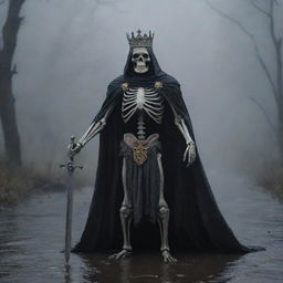 A formidable skeleton king in a cape, clutching a sword and donning a crown, stands in a foggy, rain-kissed darkness. Nearby, a brave mouse explores the unsettled ground. A melancholic river flows indistinctly in the engulfing dark tableau.