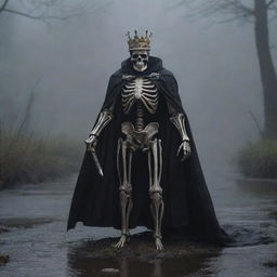 A formidable skeleton king in a cape, clutching a sword and donning a crown, stands in a foggy, rain-kissed darkness. Nearby, a brave mouse explores the unsettled ground. A melancholic river flows indistinctly in the engulfing dark tableau.