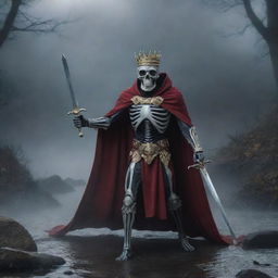 A royal skeleton king with a lustrous crown, gripping his sword, is shrouded in a cape and foggy darkness. A petite mouse ambles around the eerie landscape while a river meanders faintly in the backdrop. An electrifying thunderbolt cleaves the intense backdrop.