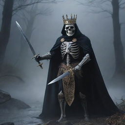 A royal skeleton king with a lustrous crown, gripping his sword, is shrouded in a cape and foggy darkness. A petite mouse ambles around the eerie landscape while a river meanders faintly in the backdrop. An electrifying thunderbolt cleaves the intense backdrop.