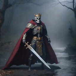 A royal skeleton king with a lustrous crown, gripping his sword, is shrouded in a cape and foggy darkness. A petite mouse ambles around the eerie landscape while a river meanders faintly in the backdrop. An electrifying thunderbolt cleaves the intense backdrop.