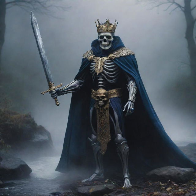 A royal skeleton king with a lustrous crown, gripping his sword, is shrouded in a cape and foggy darkness. A petite mouse ambles around the eerie landscape while a river meanders faintly in the backdrop. An electrifying thunderbolt cleaves the intense backdrop.