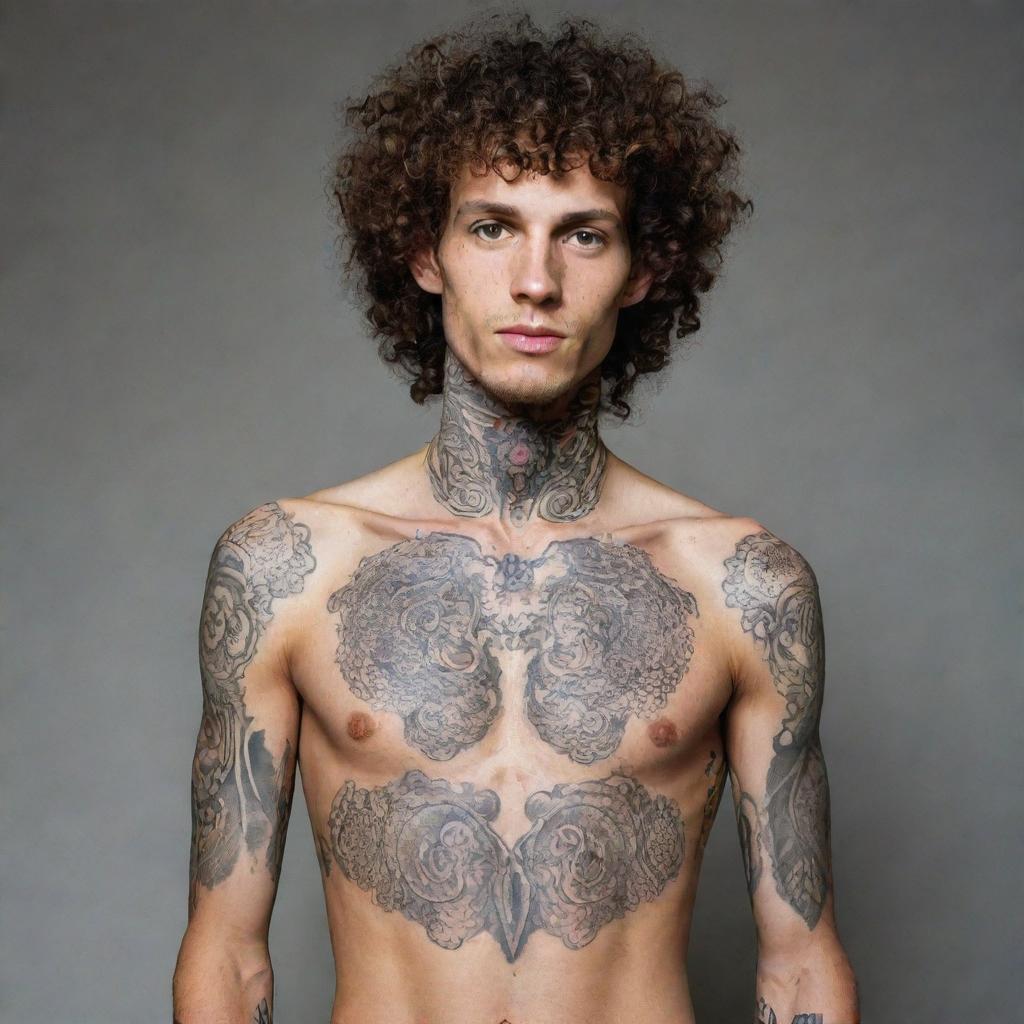 A tall and skinny man with curly hair, his body adorned with intricate tattoos.