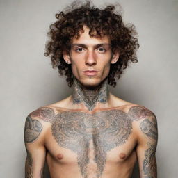 A tall and skinny man with curly hair, his body adorned with intricate tattoos.