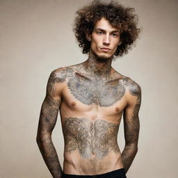 A tall and skinny man with curly hair, his body adorned with intricate tattoos.