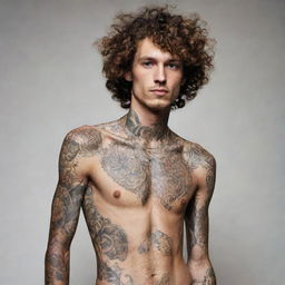 A tall and skinny man with curly hair, his body adorned with intricate tattoos.