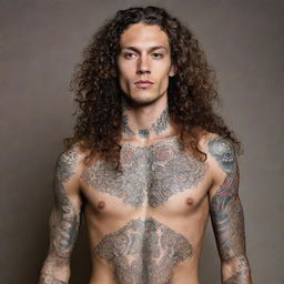 A tall, slim man with long, curly hair, his skin adorned with a multitude of intricate tattoos.