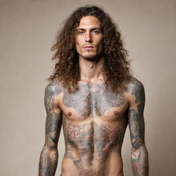 A tall, slim man with long, curly hair, his skin adorned with a multitude of intricate tattoos.