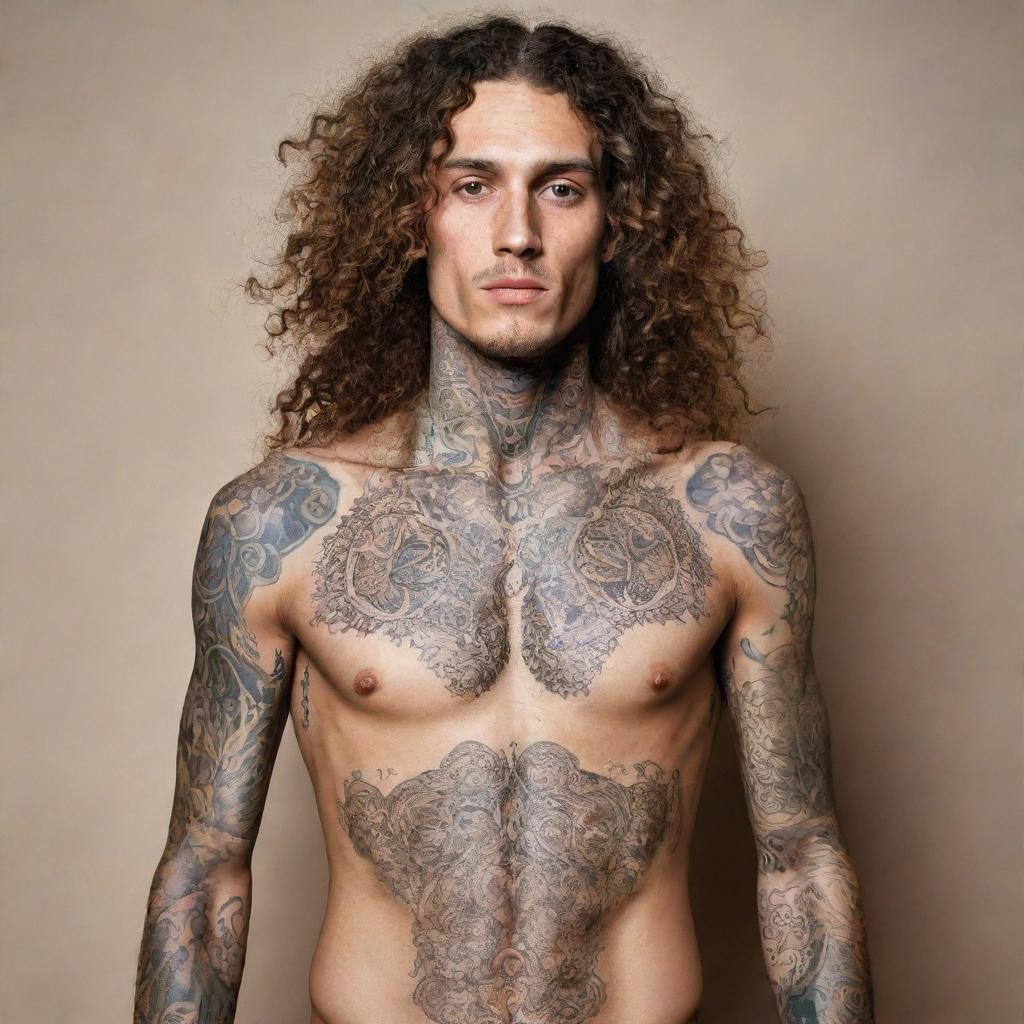 A tall, slim man with long, curly hair, his skin adorned with a multitude of intricate tattoos.