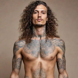 A tall, slim man with long, curly hair, his skin adorned with a multitude of intricate tattoos.