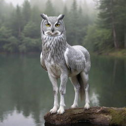 A pale gray fantastical creature that looks like a mix of a realistic owl and a horse, situated in front of a serene forest backdrop wrapping around a calming lake