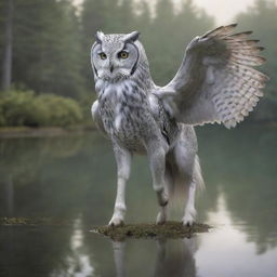 A pale gray fantastical creature that looks like a mix of a realistic owl and a horse, situated in front of a serene forest backdrop wrapping around a calming lake