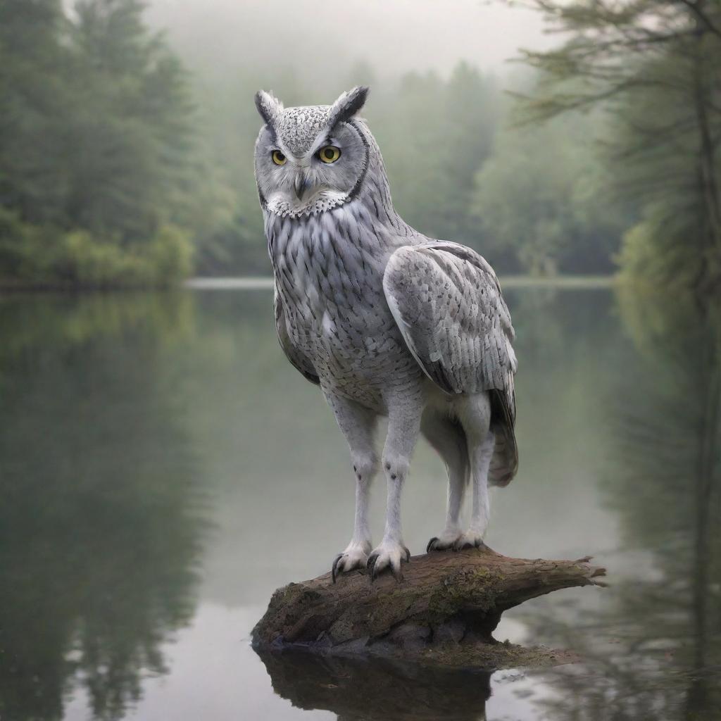 A pale gray fantastical creature that looks like a mix of a realistic owl and a horse, situated in front of a serene forest backdrop wrapping around a calming lake