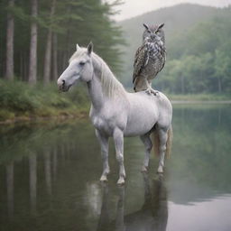 A pale gray fantastical creature that looks like a mix of a realistic owl and a horse, situated in front of a serene forest backdrop wrapping around a calming lake