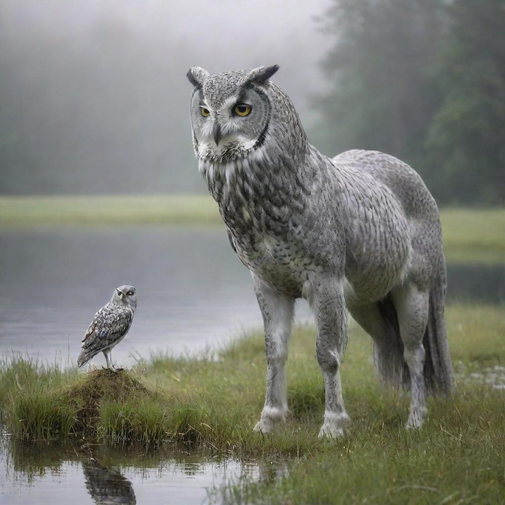 A fantastical creature, blending the realistic features of an owl and a horse, in pale gray tones, stands majestically on dewy grass. The serene backdrop features a forest hugging the boundaries of a calm lake