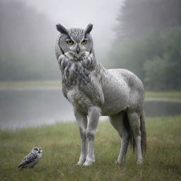 A fantastical creature, blending the realistic features of an owl and a horse, in pale gray tones, stands majestically on dewy grass. The serene backdrop features a forest hugging the boundaries of a calm lake