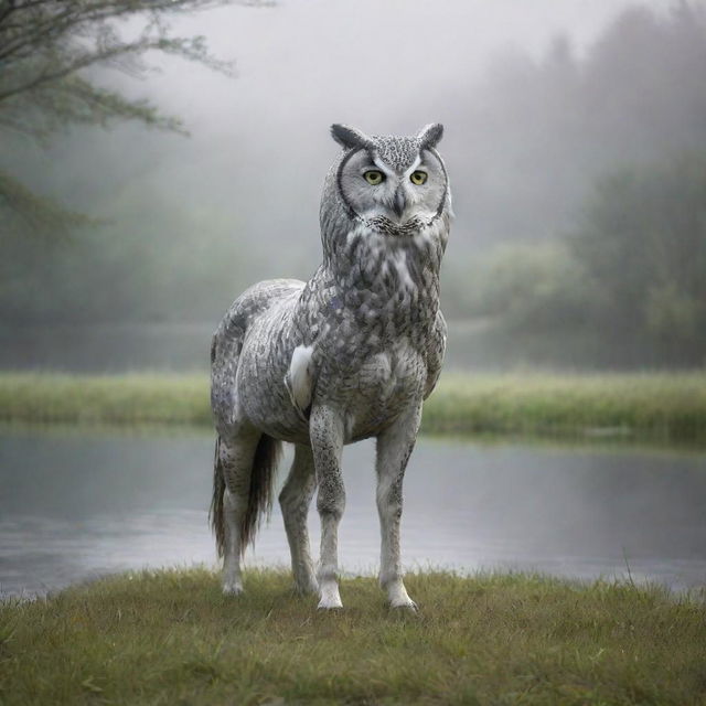 A fantastical creature, blending the realistic features of an owl and a horse, in pale gray tones, stands majestically on dewy grass. The serene backdrop features a forest hugging the boundaries of a calm lake