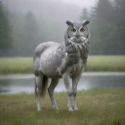 A fantastical creature, blending the realistic features of an owl and a horse, in pale gray tones, stands majestically on dewy grass. The serene backdrop features a forest hugging the boundaries of a calm lake