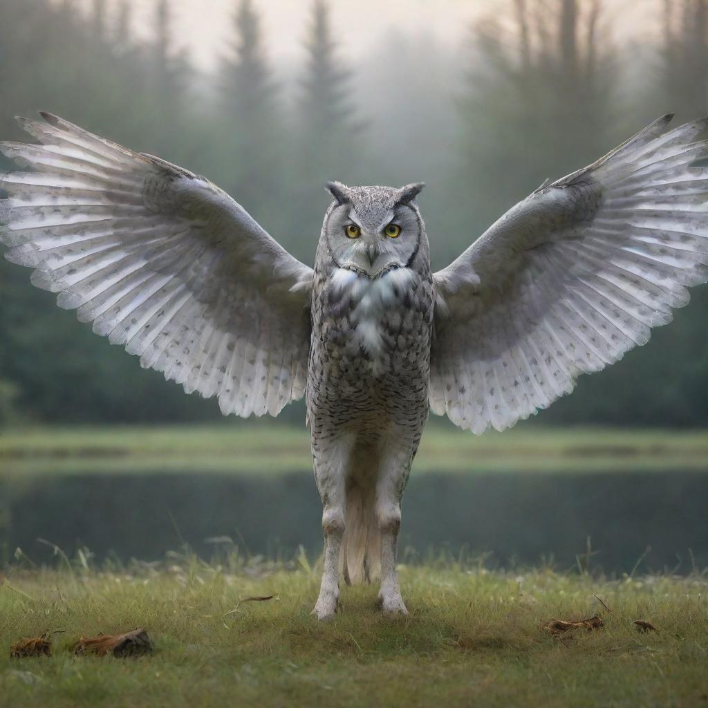 A fantastical, pale gray creature combining a realistic owl and a horse, stands with its wings closed on dewy grass. The backdrop consists of a serene forest and a calm lake, creating an atmosphere of fantasy