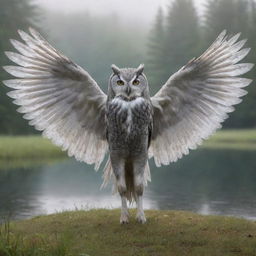 A fantastical, pale gray creature combining a realistic owl and a horse, stands with its wings closed on dewy grass. The backdrop consists of a serene forest and a calm lake, creating an atmosphere of fantasy