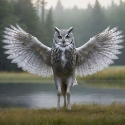 A fantastical, pale gray creature combining a realistic owl and a horse, stands with its wings closed on dewy grass. The backdrop consists of a serene forest and a calm lake, creating an atmosphere of fantasy