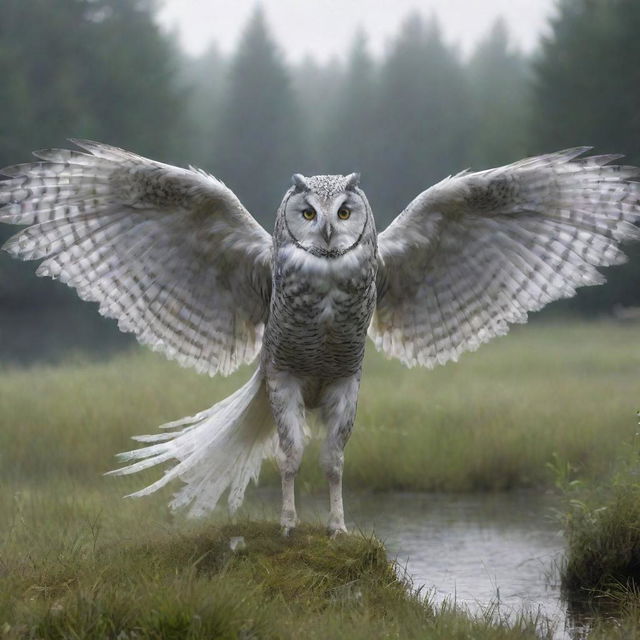 A fantastical, pale gray creature combining a realistic owl and a horse, stands with its wings closed on dewy grass. The backdrop consists of a serene forest and a calm lake, creating an atmosphere of fantasy