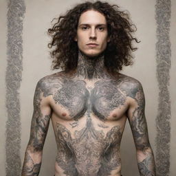 A tall, slender man with flowing curly hair, adorned with a variety of intricate tattoos covering his skin. He is not muscular.