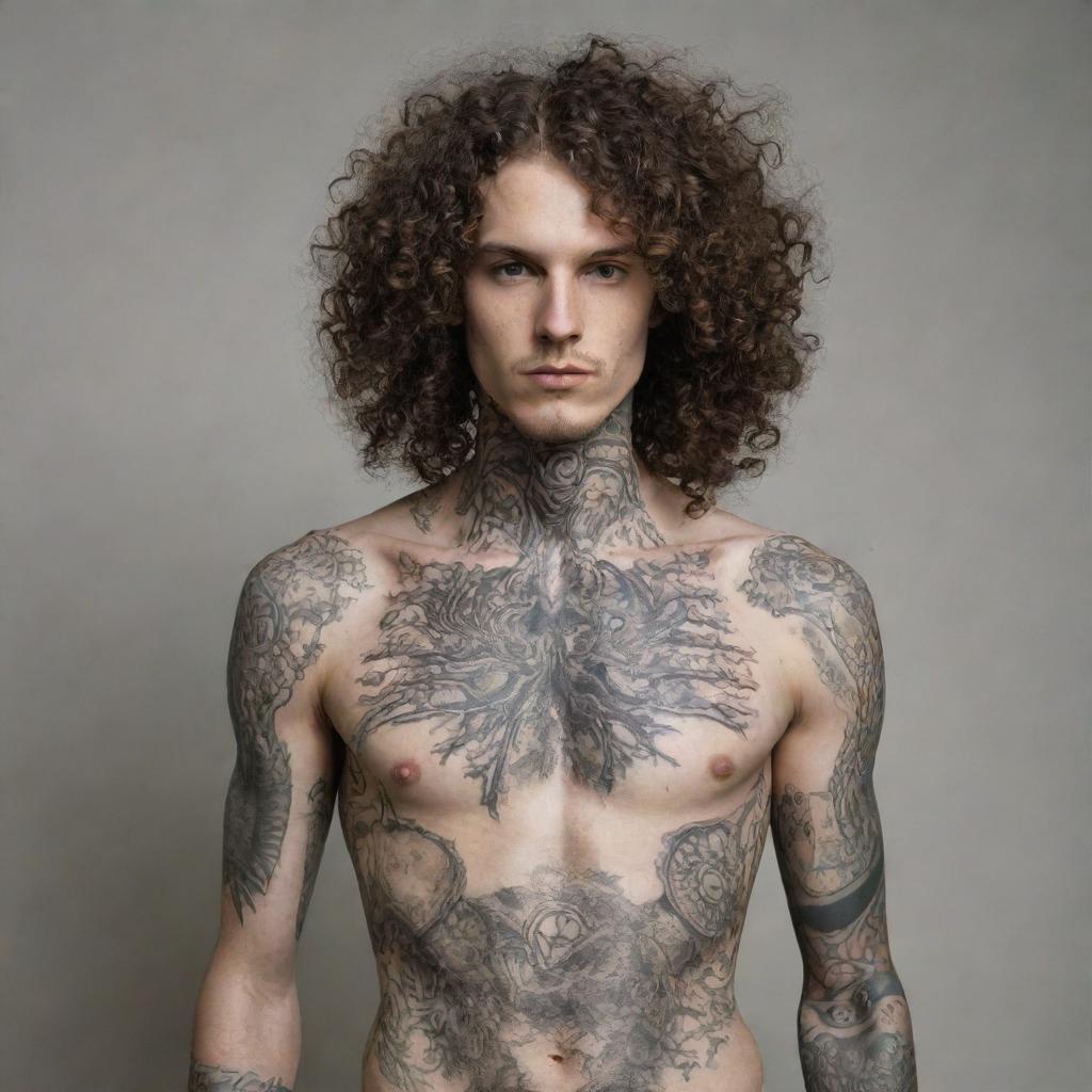 A tall, slender man with flowing curly hair, adorned with a variety of intricate tattoos covering his skin. He is not muscular.