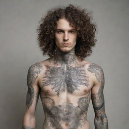 A tall, slender man with flowing curly hair, adorned with a variety of intricate tattoos covering his skin. He is not muscular.