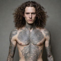 A tall, slender man with flowing curly hair, adorned with a variety of intricate tattoos covering his skin. He is not muscular.