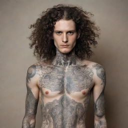 A tall, slender man with flowing curly hair, adorned with a variety of intricate tattoos covering his skin. He is not muscular.