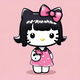 Create an image of Hello Kitty with short black hair and bangs.