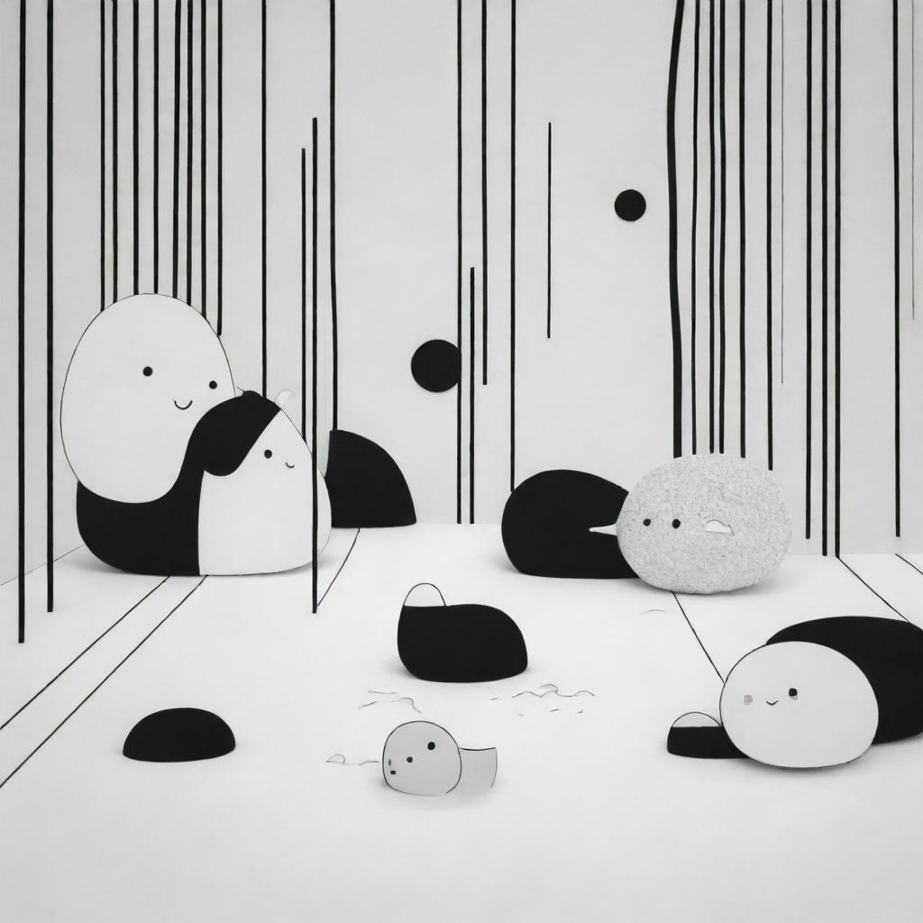 A cute scene composed of thick lines, presented solely in black and white.